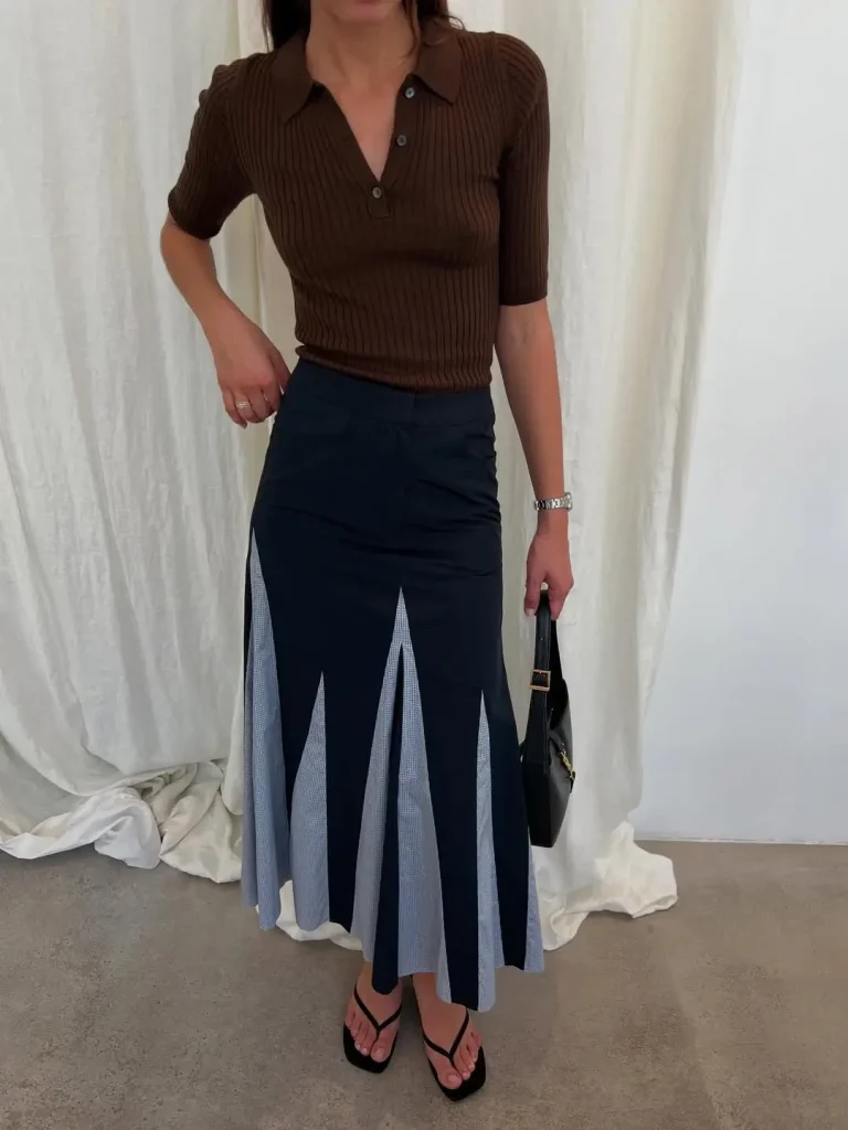 Knit Polo + A-Line Midi Skirt