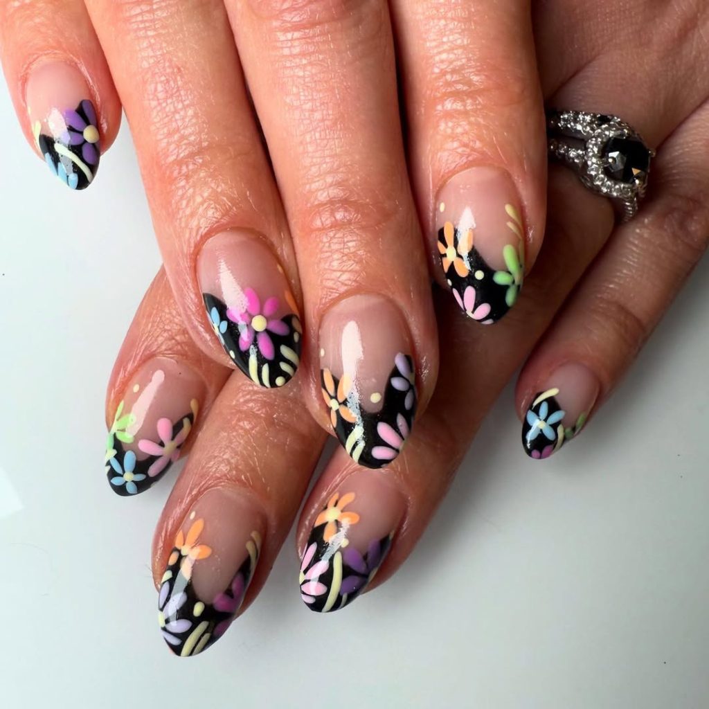 Nude and Black Floral Nails