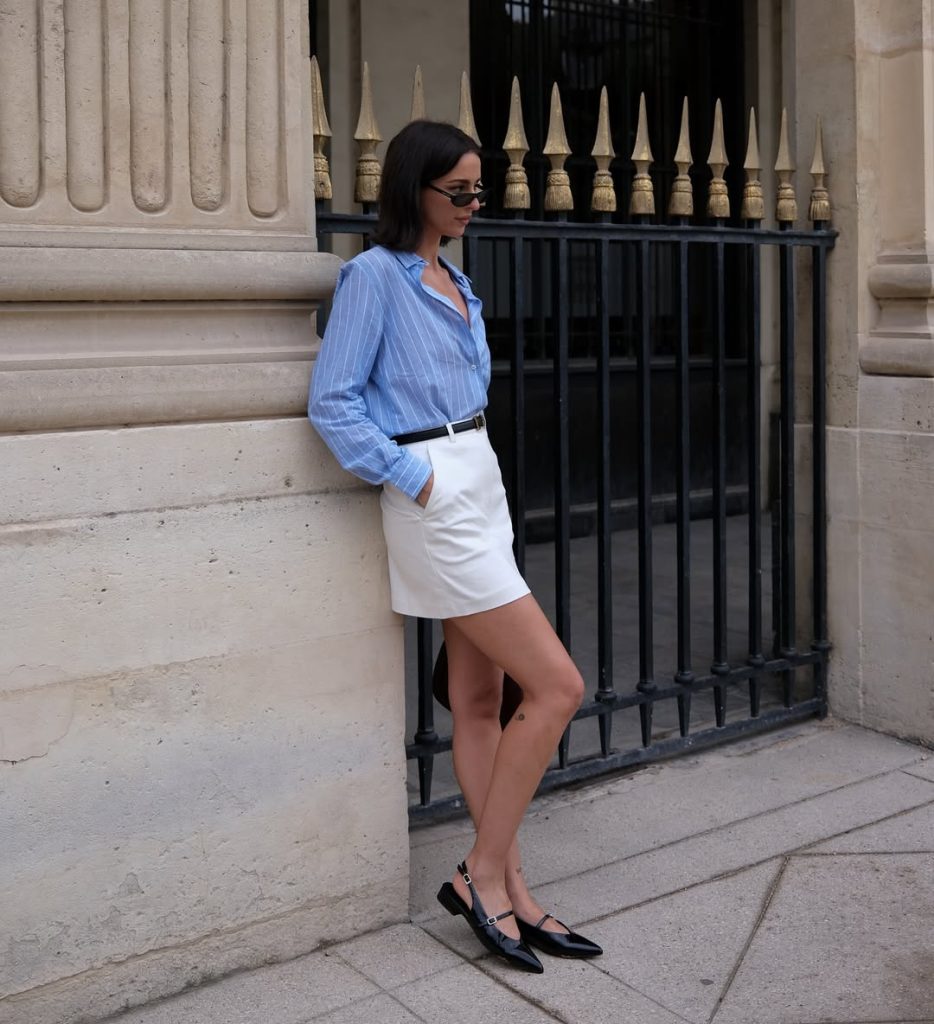 Striped Shirt + Tailored Mini Skirt