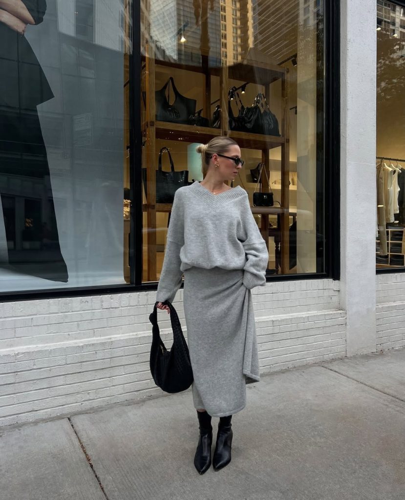 V-Neck Sweater and A-Line Skirt