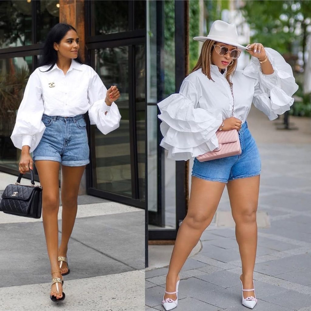 White Button-Down Shirt and Denim Shorts